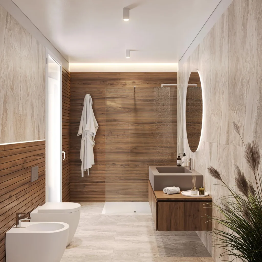 Bagno con rivestimento in legno e pietra e doccia walk-in in una villa di Residenze Corte Verde