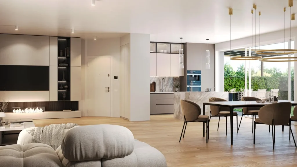 Soggiorno con camino, zona pranzo e cucina a vista in una villa di Residenze Corte Verde