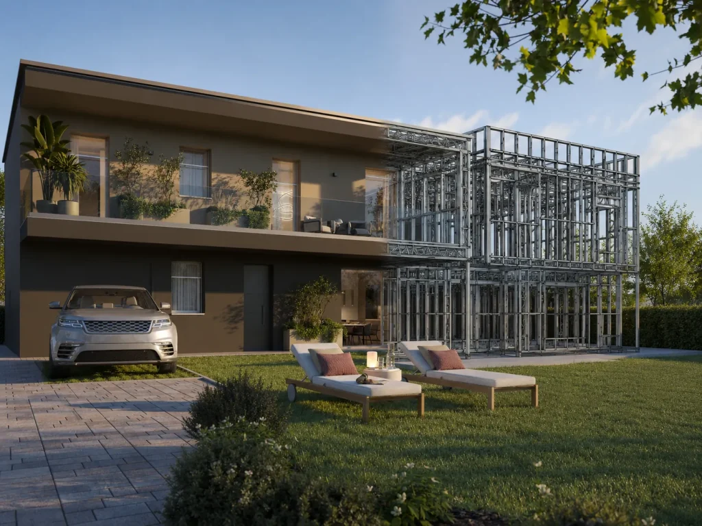 Villa di Residenze Corte Verde a metà tra edificio finito e struttura in acciaio zincato leggero steel frame