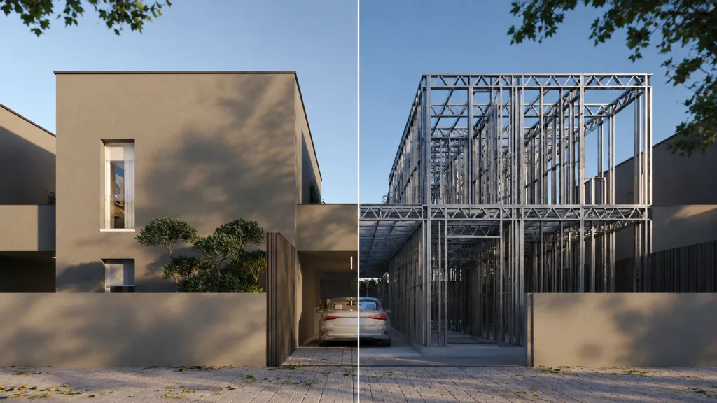 Fronte d'ingresso di Residenze Corte Verde con metà edificio finito e metà struttura in acciaio steel frame