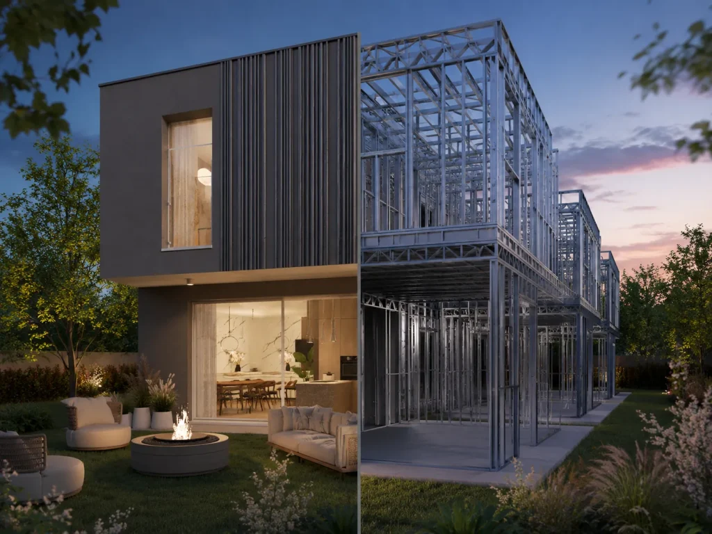 Render serale di villa Residenze Corte Verde con metà facciata finita e metà struttura steel frame a vista